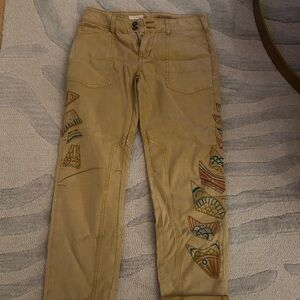 Anthropologie Tan Straight Leg Jeans with Artistic Patterns